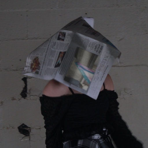 A woman with a newspaper over her head